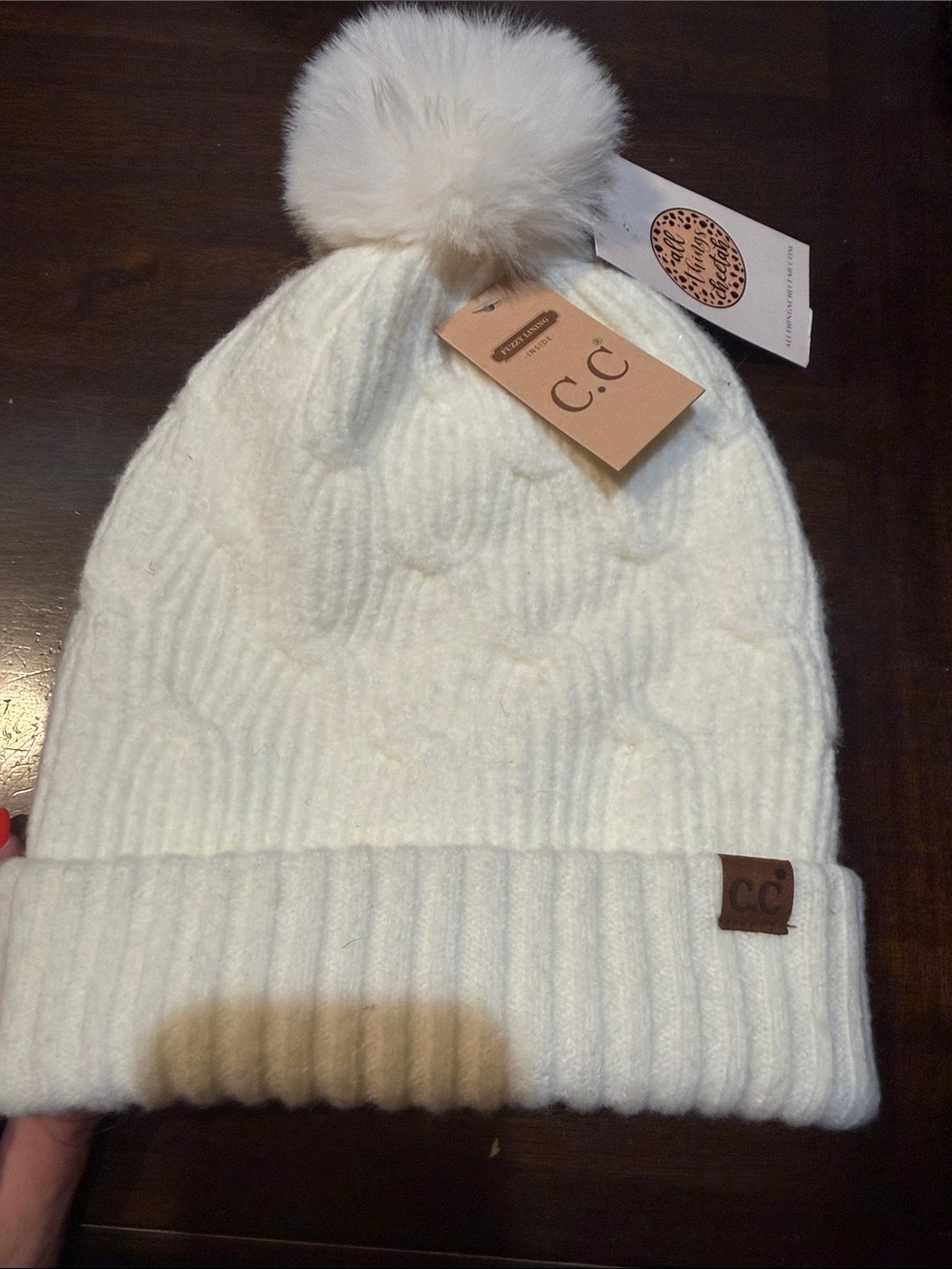 C.C Kids Ivory Cable Knit Beanie with Faux Fur Pom